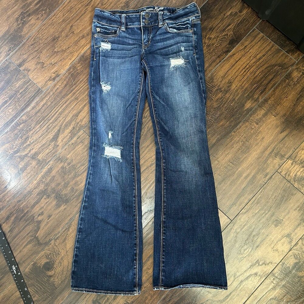 American Eagle Artist Flare Jean Womens 4 Stretch Dark Wash Distressed Low Rise